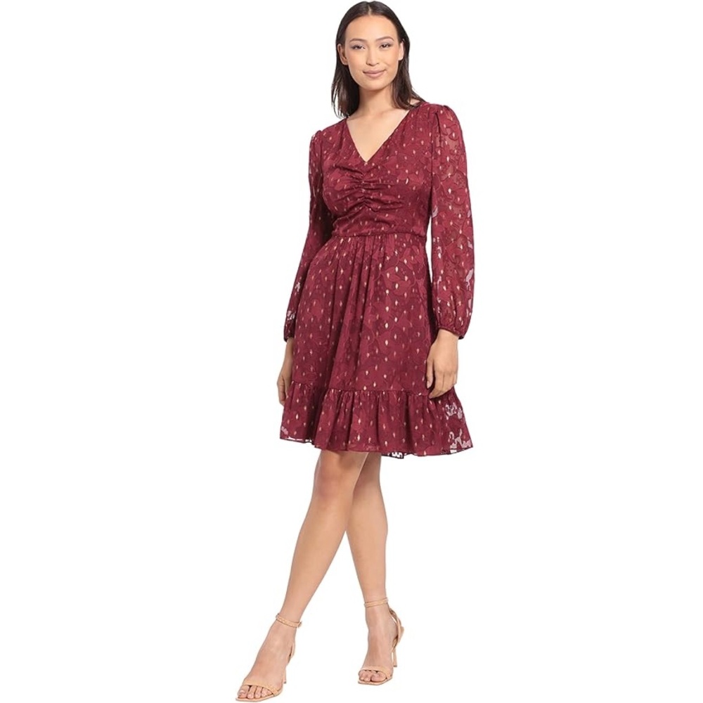 London Times: Long Sleeve Burgundy Chiffon & Gold Dot Dress (NWT)